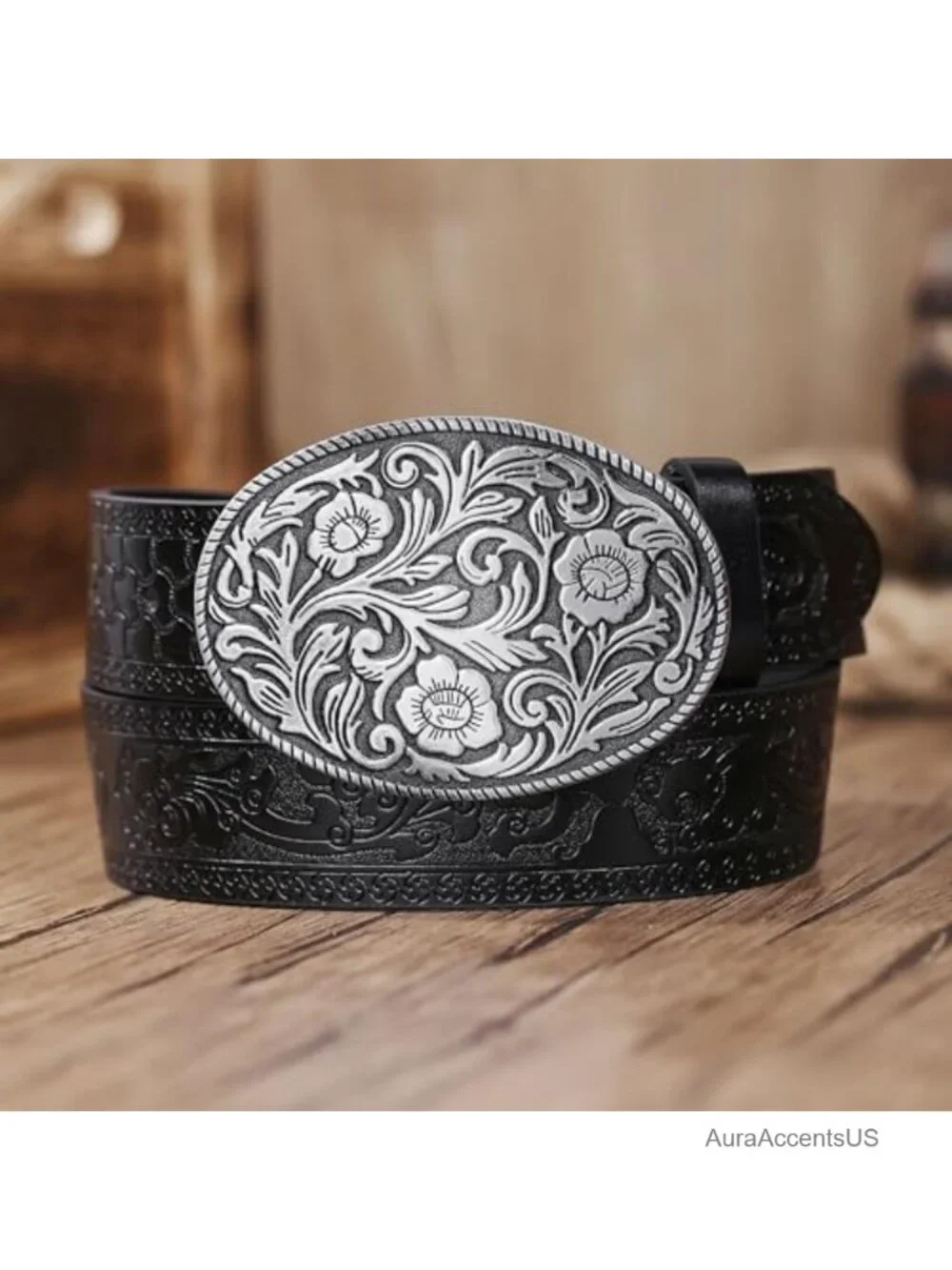 Western PU Leather Cowboy Belt with Vintage Flower Buckle - Women Men